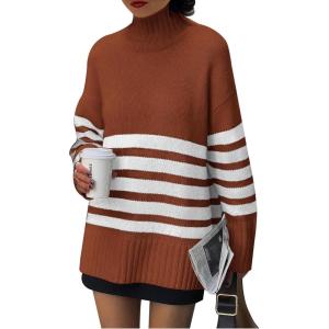 imagePRETTYGARDEN Womens Oversized Striped Sweaters Fall Casual Long Sleeve Turtleneck Pullover Chunky Knit Jumper TopsRust Red