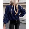 imagePRETTYGARDEN Womens Fall Sweaters Casual Crew Neck Pullover Long Puff Sleeve Loose Plain Chunky Knit Cute Blouse TopsNavy