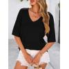 imagePRETTYGARDEN Womens Summer Short Sleeve Sweater Tops 2025 Dressy Casual Blouse Knit Pullover V Neck Trendy Eyelet ShirtsBlack