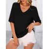 imagePRETTYGARDEN Womens Summer Short Sleeve Sweater Tops 2025 Dressy Casual Blouse Knit Pullover V Neck Trendy Eyelet ShirtsBlack