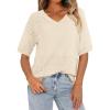 imagePRETTYGARDEN Womens Summer Short Sleeve Sweater Tops 2025 Dressy Casual Blouse Knit Pullover V Neck Trendy Eyelet ShirtsApricot