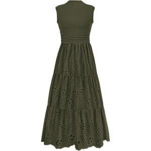 imagePRETTYGARDEN Summer Dresses for Women 2025 Casual Eyelet Tank Top Sundress Sleeveless Wedding Guest Maxi Dress with PocketsArmy Green