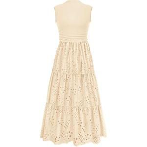 imagePRETTYGARDEN Summer Dresses for Women 2025 Casual Eyelet Tank Top Sundress Sleeveless Wedding Guest Maxi Dress with PocketsBeige