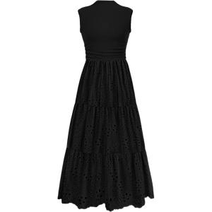 imagePRETTYGARDEN Summer Dresses for Women 2025 Casual Eyelet Tank Top Sundress Sleeveless Wedding Guest Maxi Dress with PocketsBlack
