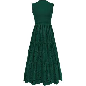 imagePRETTYGARDEN Summer Dresses for Women 2025 Casual Eyelet Tank Top Sundress Sleeveless Wedding Guest Maxi Dress with PocketsDark Green