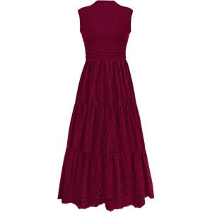 imagePRETTYGARDEN Summer Dresses for Women 2025 Casual Eyelet Tank Top Sundress Sleeveless Wedding Guest Maxi Dress with PocketsJujube Red