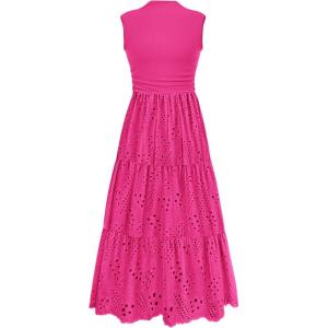 imagePRETTYGARDEN Summer Dresses for Women 2025 Casual Eyelet Tank Top Sundress Sleeveless Wedding Guest Maxi Dress with PocketsRose Red