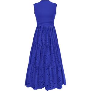imagePRETTYGARDEN Summer Dresses for Women 2025 Casual Eyelet Tank Top Sundress Sleeveless Wedding Guest Maxi Dress with PocketsRoyal Blue