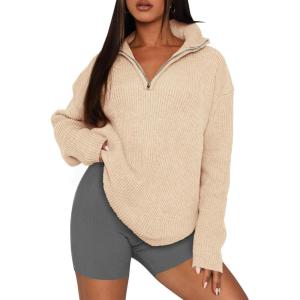 imagePRETTYGARDEN Womens 2024 Fall Chunky Knit Oversized Sweaters Long Sleeve Collared Quarter Zip Pullover Winter Jumper TopsBeige