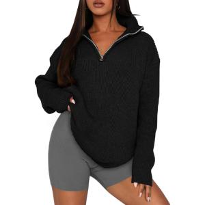 imagePRETTYGARDEN Womens 2024 Fall Chunky Knit Oversized Sweaters Long Sleeve Collared Quarter Zip Pullover Winter Jumper TopsBlack