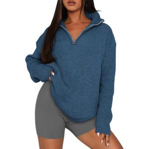 imagePRETTYGARDEN Womens 2024 Fall Chunky Knit Oversized Sweaters Long Sleeve Collared Quarter Zip Pullover Winter Jumper TopsBlue