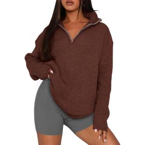 imagePRETTYGARDEN Womens 2024 Fall Chunky Knit Oversized Sweaters Long Sleeve Collared Quarter Zip Pullover Winter Jumper TopsCoffee