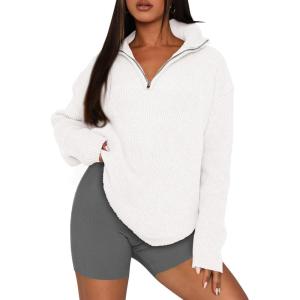 imagePRETTYGARDEN Womens 2024 Fall Chunky Knit Oversized Sweaters Long Sleeve Collared Quarter Zip Pullover Winter Jumper TopsWhite