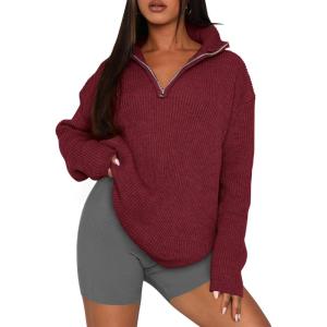 imagePRETTYGARDEN Womens 2024 Fall Chunky Knit Oversized Sweaters Long Sleeve Collared Quarter Zip Pullover Winter Jumper TopsWine Red