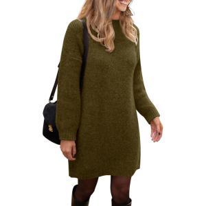 imagePRETTYGARDEN Womens 2025 Fall Knit Pullover Sweaters Long Sleeve Crewneck Oversized Loose Short Sweater DressArmy Green