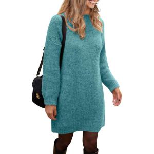 imagePRETTYGARDEN Womens 2025 Fall Knit Pullover Sweaters Long Sleeve Crewneck Oversized Loose Short Sweater DressBlue Green