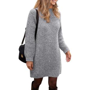 imagePRETTYGARDEN Womens 2025 Fall Knit Pullover Sweaters Long Sleeve Crewneck Oversized Loose Short Sweater DressGrey
