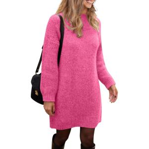 imagePRETTYGARDEN Womens 2025 Fall Knit Pullover Sweaters Long Sleeve Crewneck Oversized Loose Short Sweater DressRose Red
