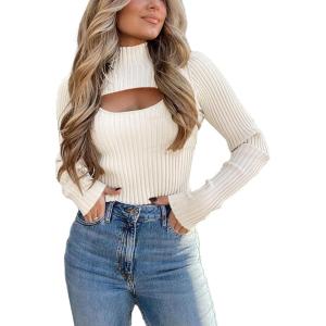 imagePRETTYGARDEN Womens 2025 Fashion Fall Clothes 2 Piece Cutout Tops Long Sleeve Mock Neck Rib Knit Winter Pullover SweaterBeige White