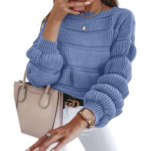 imagePRETTYGARDEN Womens Fall Sweaters Casual Crew Neck Pullover Long Puff Sleeve Loose Plain Chunky Knit Cute Blouse TopsBlue