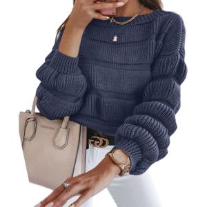 imagePRETTYGARDEN Womens Fall Sweaters Casual Crew Neck Pullover Long Puff Sleeve Loose Plain Chunky Knit Cute Blouse TopsNavy