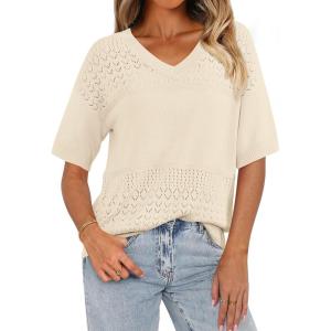 imagePRETTYGARDEN Womens Summer Short Sleeve Sweater Tops 2025 Dressy Casual Blouse Knit Pullover V Neck Trendy Eyelet ShirtsApricot