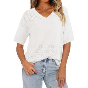 imagePRETTYGARDEN Womens Summer Short Sleeve Sweater Tops 2025 Dressy Casual Blouse Knit Pullover V Neck Trendy Eyelet ShirtsBeige White
