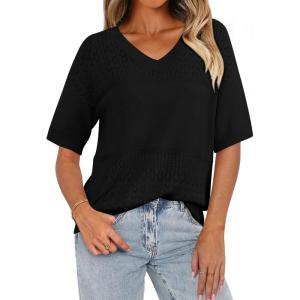 imagePRETTYGARDEN Womens Summer Short Sleeve Sweater Tops 2025 Dressy Casual Blouse Knit Pullover V Neck Trendy Eyelet ShirtsBlack
