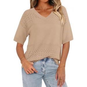 imagePRETTYGARDEN Womens Summer Short Sleeve Sweater Tops 2025 Dressy Casual Blouse Knit Pullover V Neck Trendy Eyelet ShirtsDark Apricot