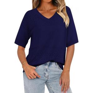 imagePRETTYGARDEN Womens Summer Short Sleeve Sweater Tops 2025 Dressy Casual Blouse Knit Pullover V Neck Trendy Eyelet ShirtsDark Royal Blue