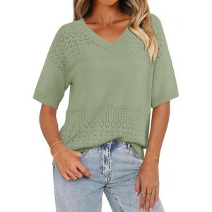 imagePRETTYGARDEN Womens Summer Short Sleeve Sweater Tops 2025 Dressy Casual Blouse Knit Pullover V Neck Trendy Eyelet ShirtsMid Green