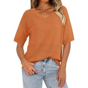 imagePRETTYGARDEN Womens Summer Short Sleeve Sweater Tops 2025 Dressy Casual Blouse Knit Pullover V Neck Trendy Eyelet ShirtsOrange Red