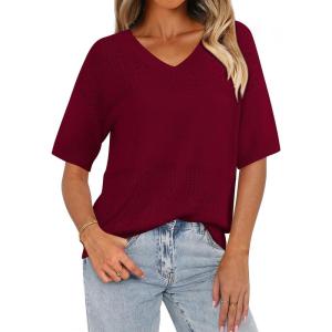 imagePRETTYGARDEN Womens Summer Short Sleeve Sweater Tops 2025 Dressy Casual Blouse Knit Pullover V Neck Trendy Eyelet ShirtsWine Red