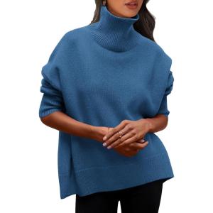 imagePRETTYGARDEN Womens Turtleneck Oversized Sweater Long Sleeve Chunky Knit Pullover Casual Winter Jumper TopsDenim Blue