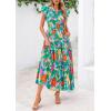 imagePRETTYGARDEN Womens 2025 Summer Floral Midi Dress Cap Sleeve V Neck Ruffle Long Flowy Boho Casual Beach Vacation DressesFloral Green Orange