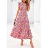 imagePRETTYGARDEN Womens 2025 Summer Floral Midi Dress Cap Sleeve V Neck Ruffle Long Flowy Boho Casual Beach Vacation DressesFloral Wine Red