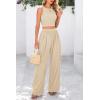 imagePRETTYGARDEN Womens Summer 2 Piece Sets Ribbed Knit Crew Neck Sleeveless Crop Tank Tops Wide Leg Pants Casual Lounge SetApricot