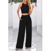 imagePRETTYGARDEN Womens Summer 2 Piece Sets Ribbed Knit Crew Neck Sleeveless Crop Tank Tops Wide Leg Pants Casual Lounge SetBlack