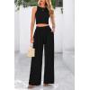 imagePRETTYGARDEN Womens Summer 2 Piece Sets Ribbed Knit Crew Neck Sleeveless Crop Tank Tops Wide Leg Pants Casual Lounge SetBlack