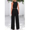 imagePRETTYGARDEN Womens Summer 2 Piece Sets Ribbed Knit Crew Neck Sleeveless Crop Tank Tops Wide Leg Pants Casual Lounge SetBlack