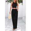 imagePRETTYGARDEN Womens Summer 2 Piece Sets Ribbed Knit Crew Neck Sleeveless Crop Tank Tops Wide Leg Pants Casual Lounge SetBlack