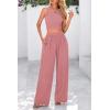 imagePRETTYGARDEN Womens Summer 2 Piece Sets Ribbed Knit Crew Neck Sleeveless Crop Tank Tops Wide Leg Pants Casual Lounge SetDusty Pink
