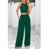 imagePRETTYGARDEN Womens Summer 2 Piece Sets Ribbed Knit Crew Neck Sleeveless Crop Tank Tops Wide Leg Pants Casual Lounge SetGreen