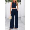 imagePRETTYGARDEN Womens Summer 2 Piece Sets Ribbed Knit Crew Neck Sleeveless Crop Tank Tops Wide Leg Pants Casual Lounge SetNavy