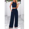 imagePRETTYGARDEN Womens Summer 2 Piece Sets Ribbed Knit Crew Neck Sleeveless Crop Tank Tops Wide Leg Pants Casual Lounge SetNavy
