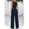 imagePRETTYGARDEN Womens Summer 2 Piece Sets Ribbed Knit Crew Neck Sleeveless Crop Tank Tops Wide Leg Pants Casual Lounge SetNavy