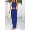 imagePRETTYGARDEN Womens Summer 2 Piece Sets Ribbed Knit Crew Neck Sleeveless Crop Tank Tops Wide Leg Pants Casual Lounge SetRoyal Blue