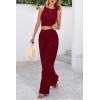 imagePRETTYGARDEN Womens Summer 2 Piece Sets Ribbed Knit Crew Neck Sleeveless Crop Tank Tops Wide Leg Pants Casual Lounge SetWine Red