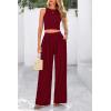imagePRETTYGARDEN Womens Summer 2 Piece Sets Ribbed Knit Crew Neck Sleeveless Crop Tank Tops Wide Leg Pants Casual Lounge SetWine Red