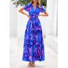 imagePRETTYGARDEN Womens Summer Boho Maxi Dresses Floral Short Sleeve V Neck A Line Tiered Ruffle Flowy Long Beach Vacation DressRoyal Blue